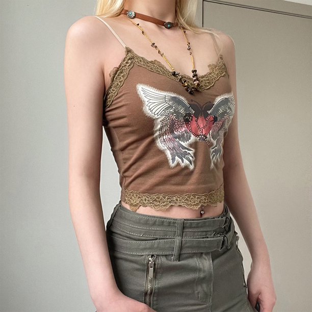 Tops Cortos Retro Y2K Retro Crop Tops Love Wing Print Lace Mujeres Correa Tank Tops Chaleco (Marrón M) Cgtredaw Para estrenar