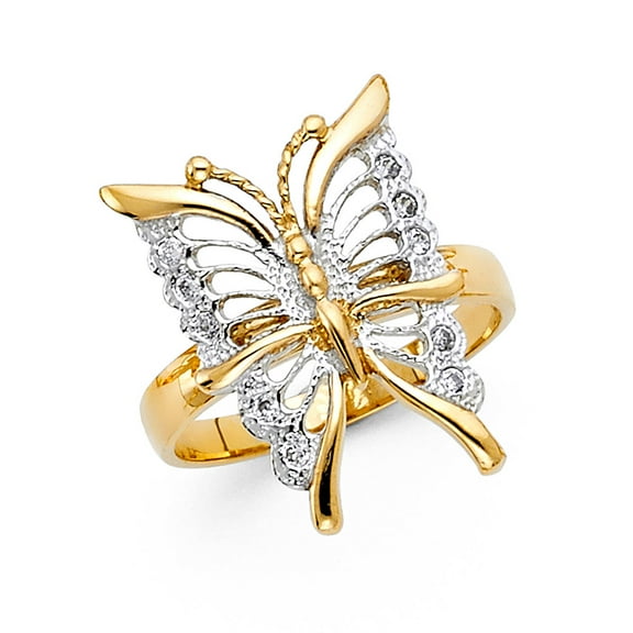 14k White Yellow Gold CZ Butterfly Ring Diamond Cut Band Stylish Polished Fancy Two Tone Size 7