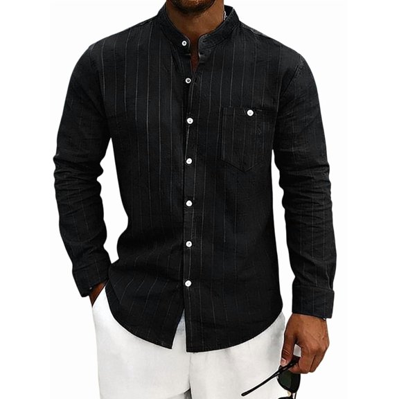 Men's Mandarin Collar Vertical Stripe Long Sleeve Button Down Shirt Black S