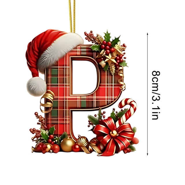 Christmas Tree Ornaments 2D Acrylic Monogram Pendants With Santa Hat 26 Letters Hanging Decorations For DIY Crafts And Home Decor