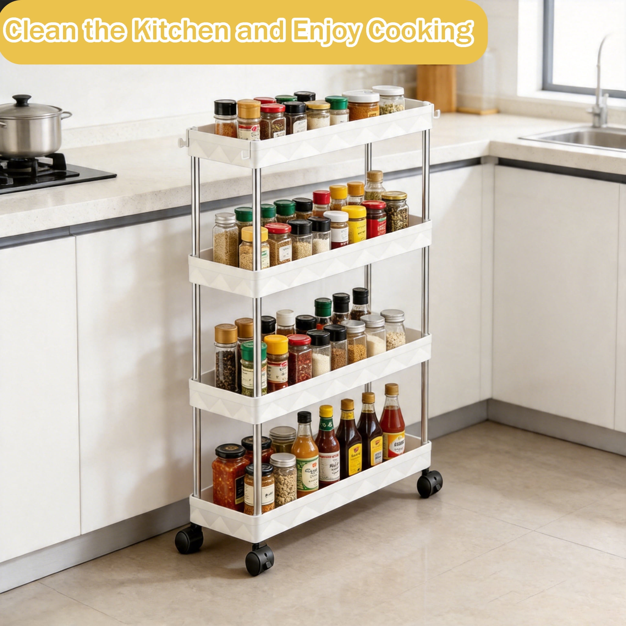 Slim Rolling Storage Cart, 4-Tier Bathroom Laundry Organizer Mobile Cart, Portable Slim Storage Cart with Lockable Wheels, Mobile Utility Cart for Kitchen, Bathroom, Laundry Room, White