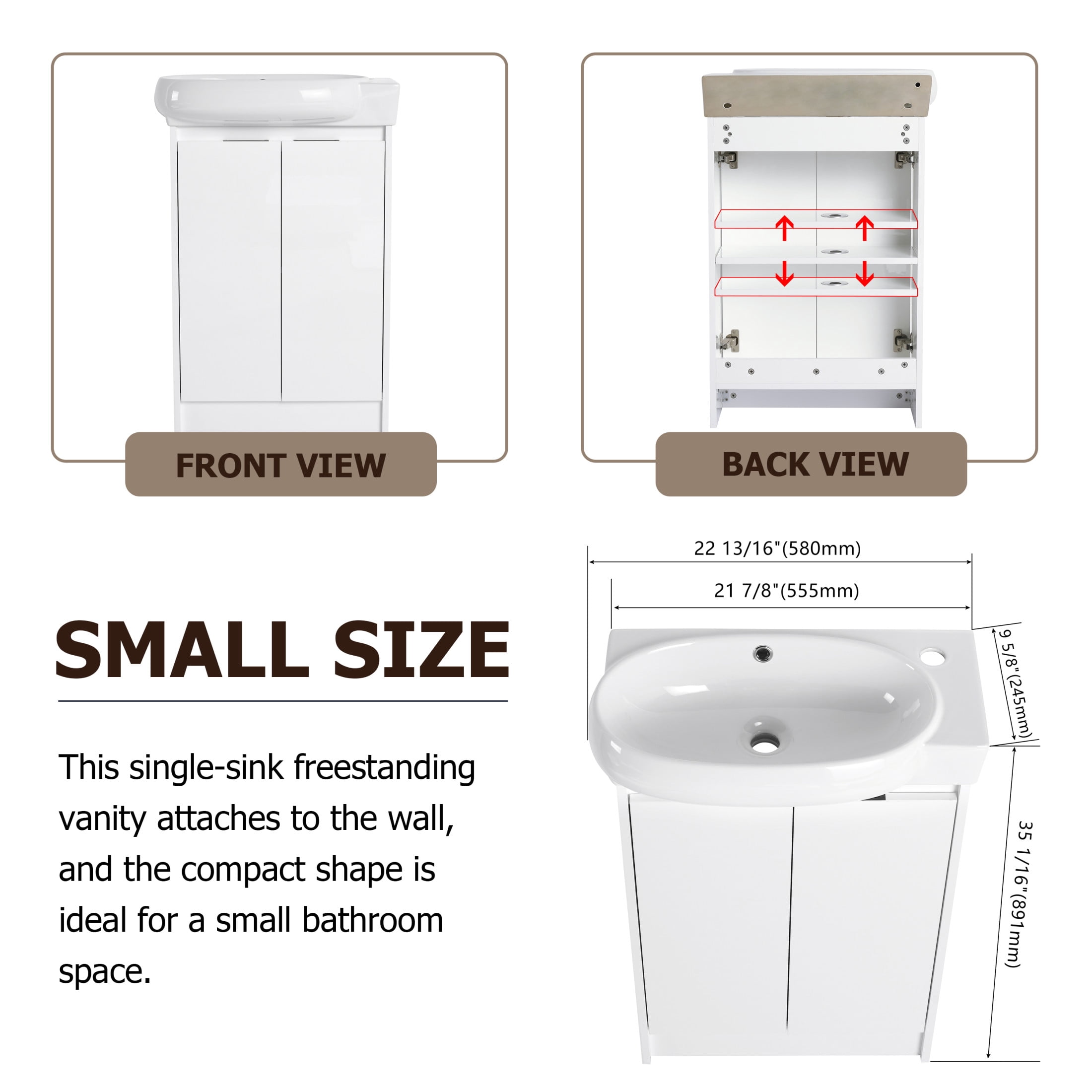 Noble House 23" Freestanding Bathroom Vanity with Sink, Soft Close Doors, Modern Storage Cabinet for Small Bathroom or Powder Room, Glossy White
