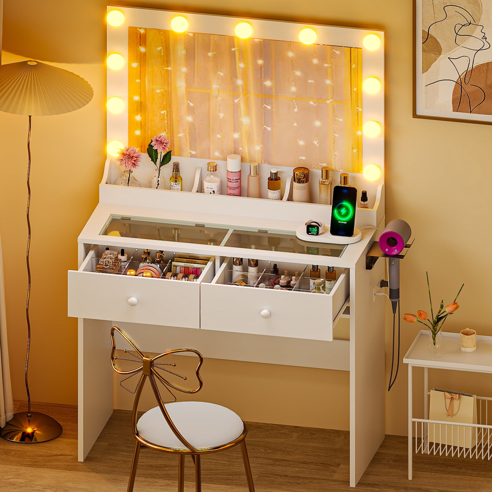 Ktaxon Get Ready with Me GRWM Makeup Vanity Desk with Lighted Mirror, Dressing Table W/Charging Station & Hair Dryer Rack,White