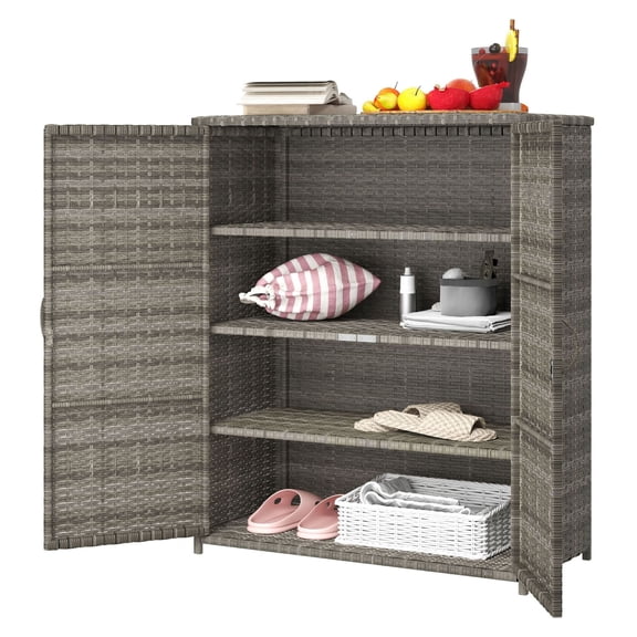 Rattan Outdoor Storage Cabinet, 4 Shelves, 2 Doors, Mixed Gray - Garden Pool Towel Organizer
