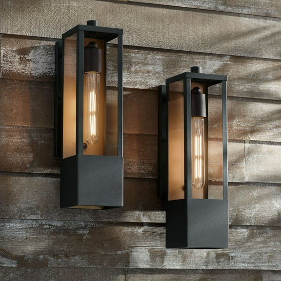 Possini Euro Design Berk Modern Outdoor Wall Light Fixtures Set of 2 Textured Black Gold Metal 16" Clear Glass for Post Exterior Barn