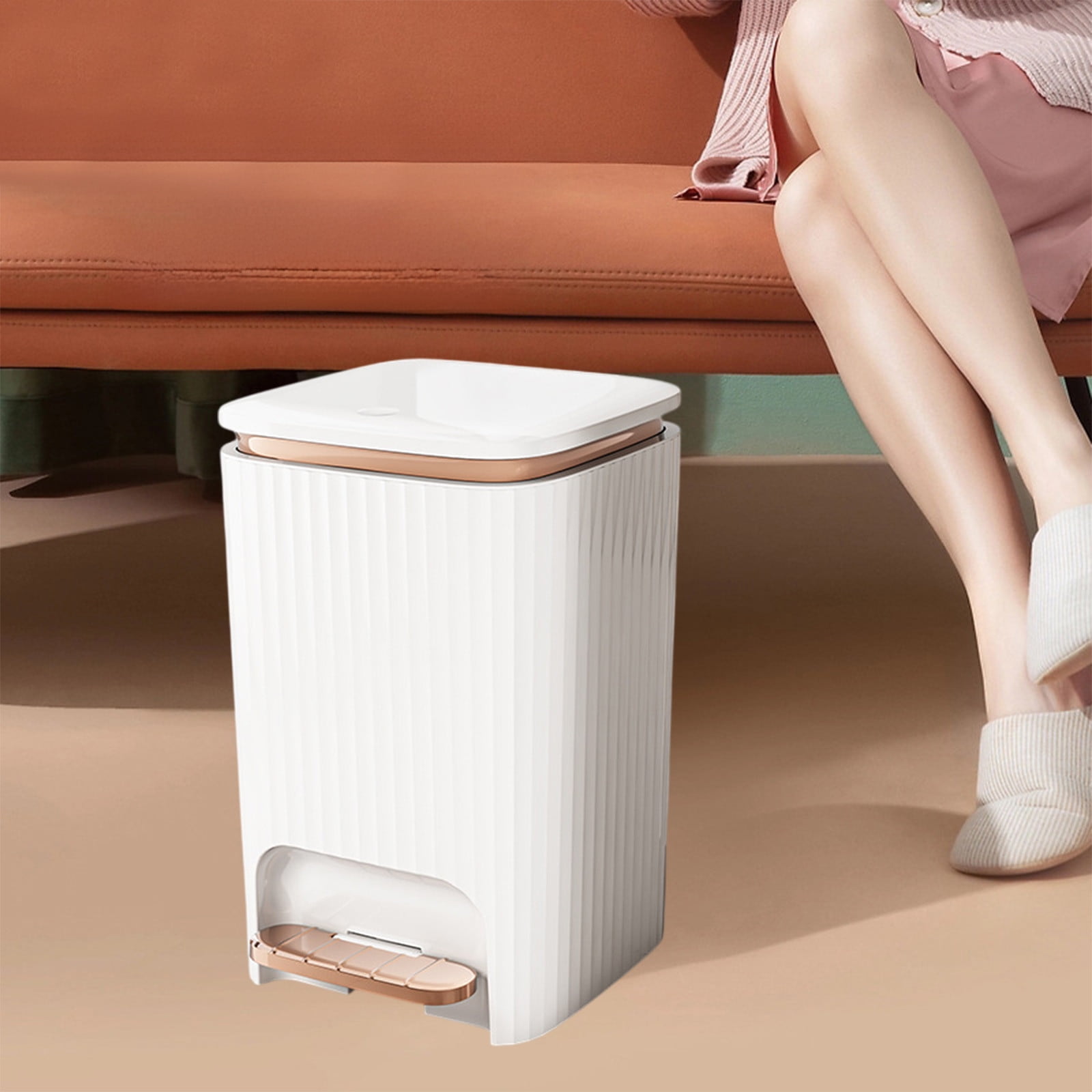 Under $20 9/12 Liter Large Capacity Trash Can Square Plastic Garbage Can with Lid, Step Pedal Trash Can for Living Room, Bedroom, Kitchen, Bathroom(White + Gold, 12L)