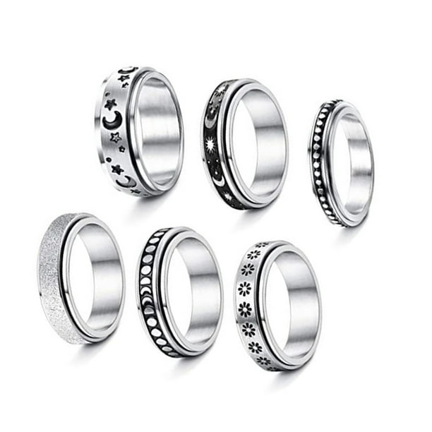 Jumpingount Anillos de ansiedad antipresión de acero inoxidable de 6 piezas, anillos anchos antipresión con forma de fase lunar redonda, joyería con Type2 NO2 Jumpingount AP007349-04