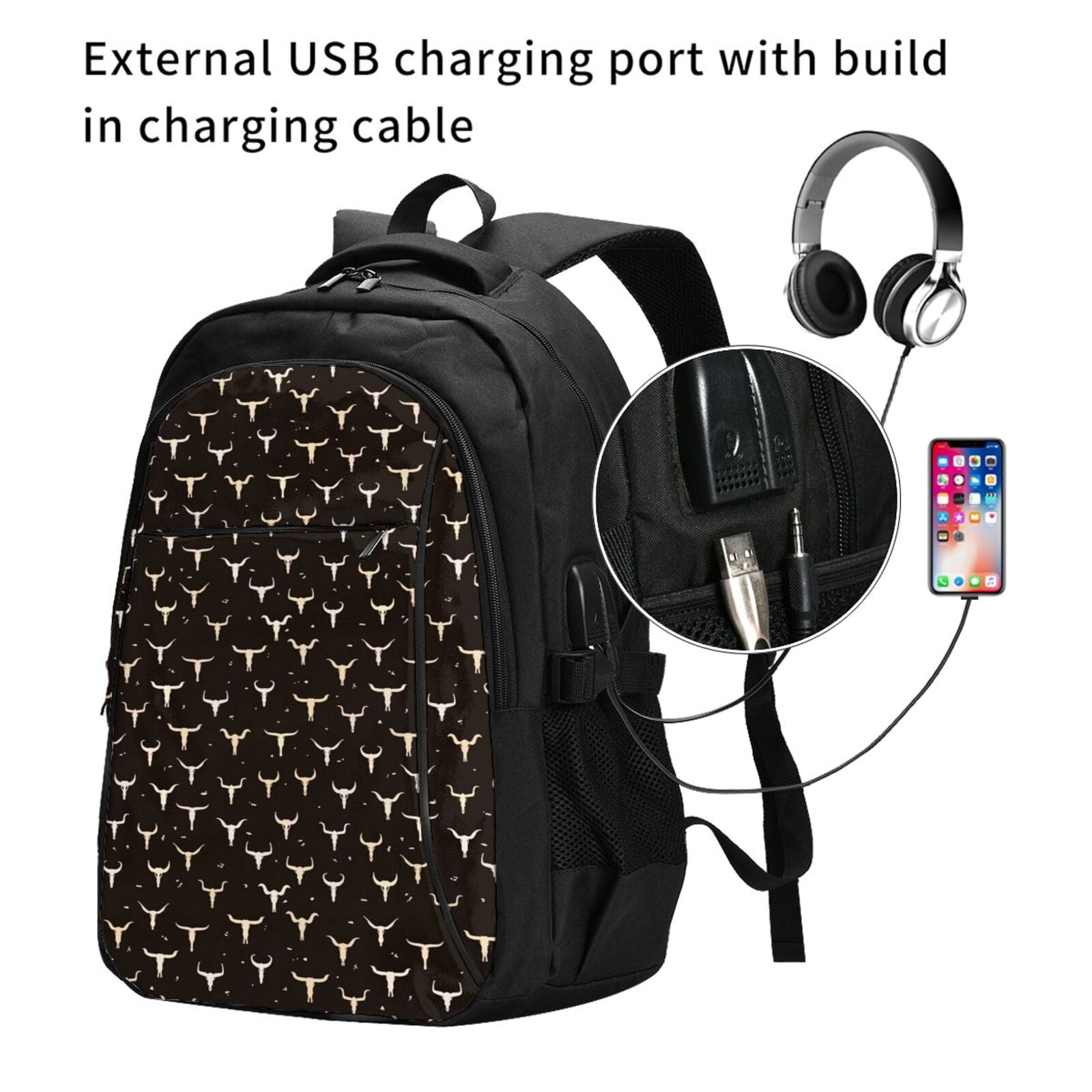 Vsdgher Cow Skulls Print Travel Laptop Backpack, Laptops Backpack with USB Charging Port, Water Resistant Computer Bag Gift for Men & Women