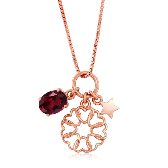 Gem Stone King 1.35 Ct Red Rhodolite Garnet 18K Rose Gold Plated Silver Charm Pendant With Chain