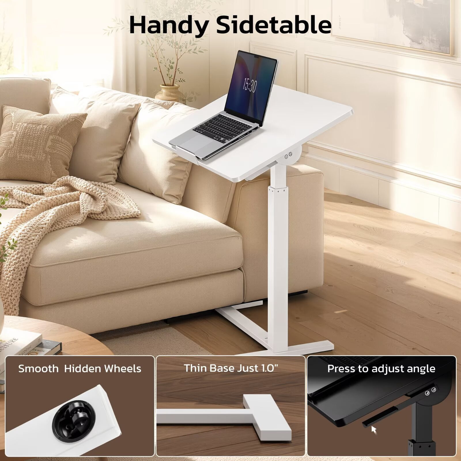 Simple Deluxe 0-180°Tilt Top Mobile Standing Desk Adjustable Overbed Table, Pneumatic Height Adjustable Rolling Laptop Desk with Hidden Wheels, White