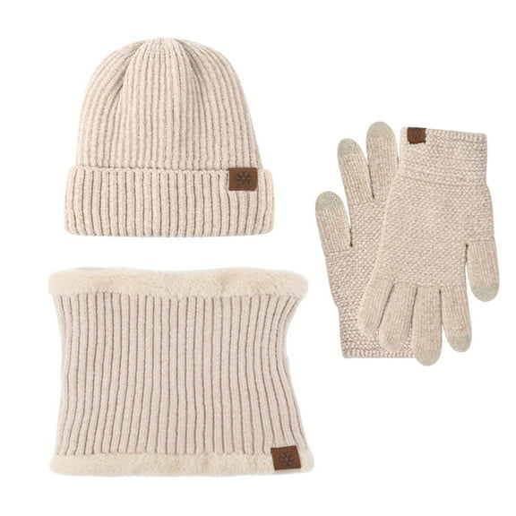Prolriy Set Beanies Hats Men Women Hat Scarf Gloves Set Fleece Warm Knit Neck Warmer Wool Thermal Cap Outdoor Sport Ski Bike Mittens Scarf for Women Beige