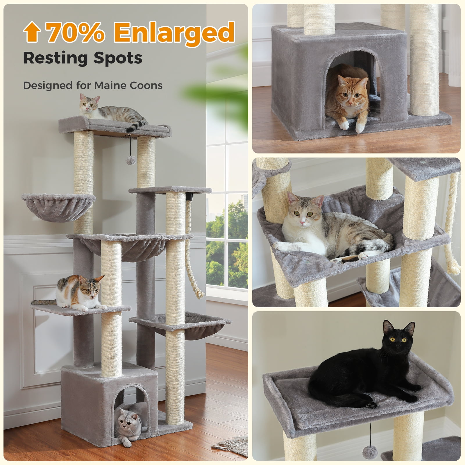 PEQULTI 67" Maine Coon Cat Tree Large Cat Tower for Indoor Cats with 8 Thick Scratching Post Gray