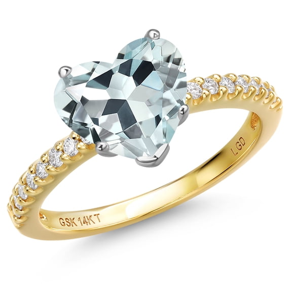 Gem Stone King 14K Two Tone Gold Sky Blue Simulated Aquamarine and Lab Grown Diamond Engagement Ring for Women | 3.16 Cttw | Heart Shape 10MM | Gemstone March Birthstone | Size 5