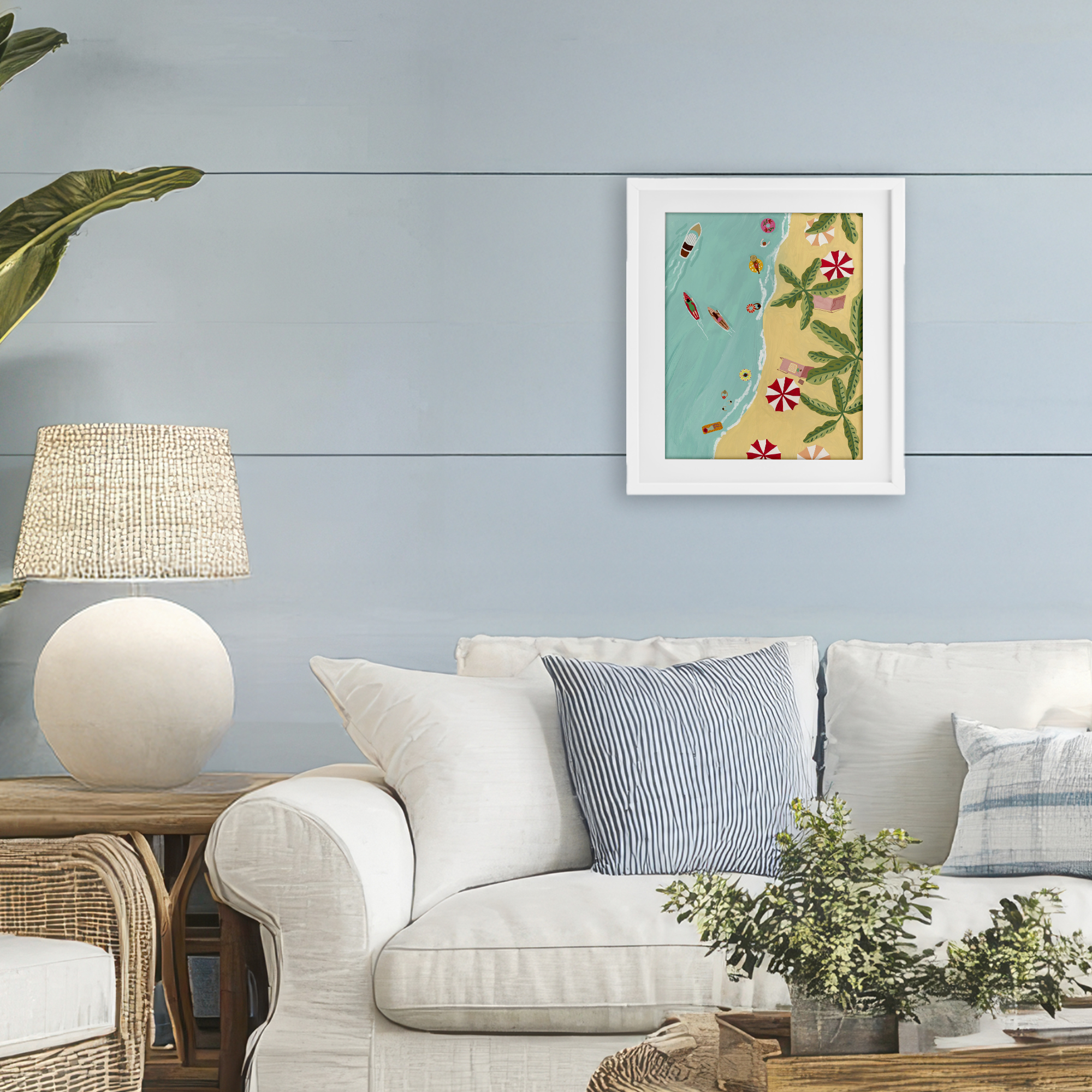 Busy Beach Day Hangout White Framed Print Under Glass, design by Nabeela Rumi