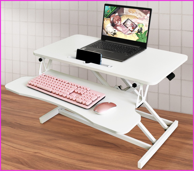 Desk Converter, 31.5”x15.7” Height Adjustable Sit to Stand Riser with Wide Keyboard Tray for Dual Monitors/Laptop, White | MDF+Metal
