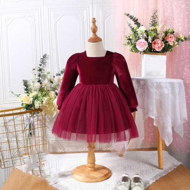 AherBiu Robe à Manches Longues pour Bébé Fille, Col Ras du Cou, Couleur Unie, Dentelle, Robe Mignonne et Tendance pour Tout-Petit Nourrisson, Robe Décontractée, Taille 9 Mois - 4 Ans