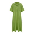thumbnail image 4 of Women's Button Front Pleated Shirt Casual Dress V-Neck Simple Casual Loose Flowy Shift Dress, 4 of 6