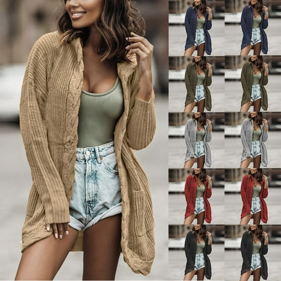 Lovskoo 2024 Cardigan Sweaters for Women Open Front Long Sleeve Trendy Solid Color Long-Sleeved Hooded Pocket Cable Knit Oversized Winter Outerwear Tops Olive Green