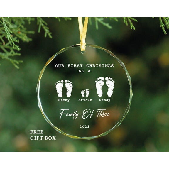 Family of 3 Christmas with Dog Ornament Personalized First Christmas Family of Three Glass Keepsake, Couple & Pet
