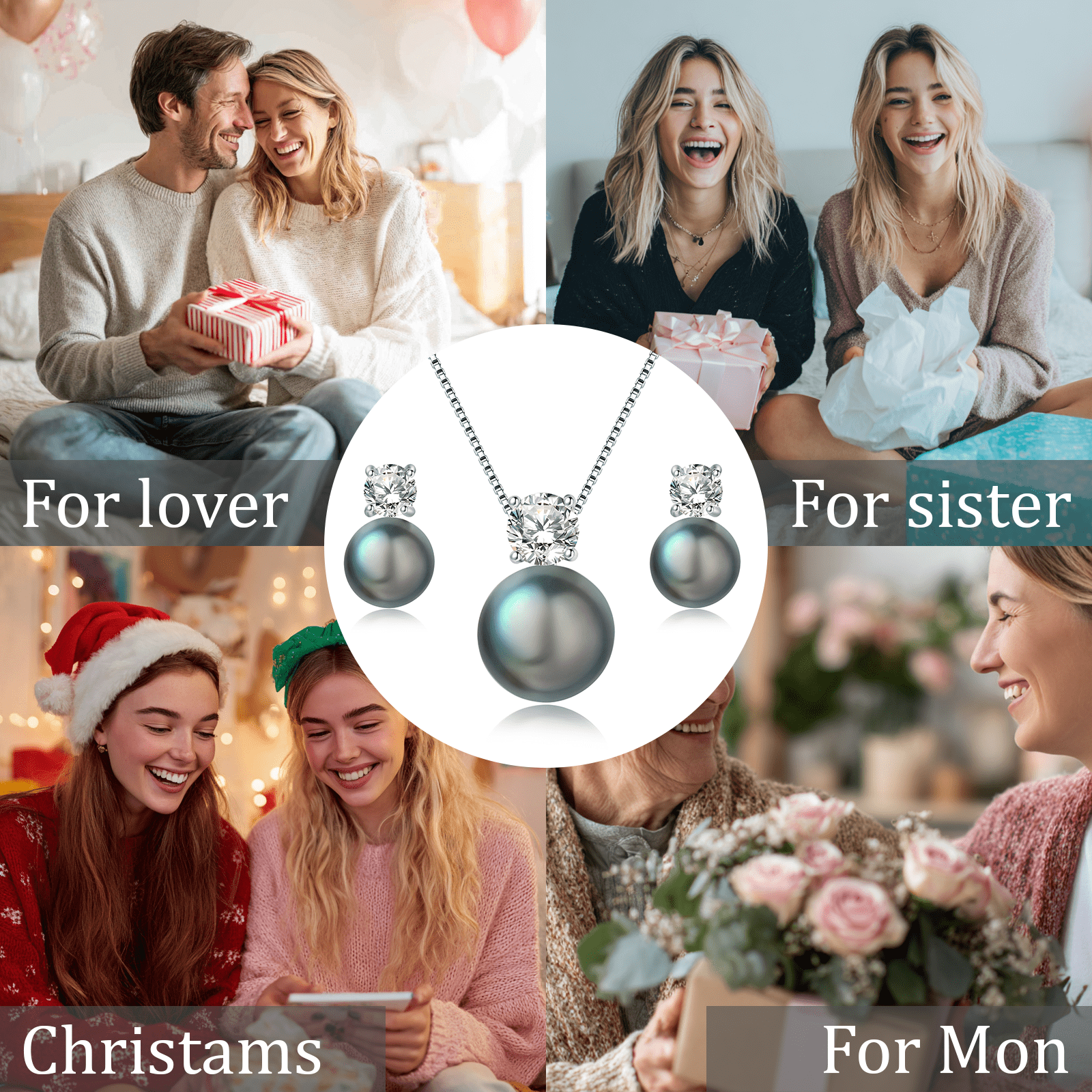 BAMIKI 8-10mm Black Cultured Pearl Earrings and Necklace Set for Women, 925 Sterling Silver Jewelry, Hypoallergenic Gift