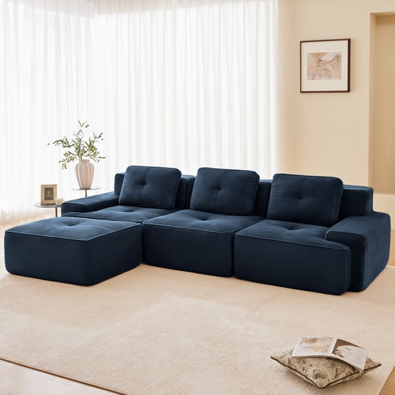 Aukfa 4-Piece 117" Modular Cloud Couch Sectional Sofa with Ottoman, L-Shaped Deep Seat Boneless Sofa Set for Living Room, Blue