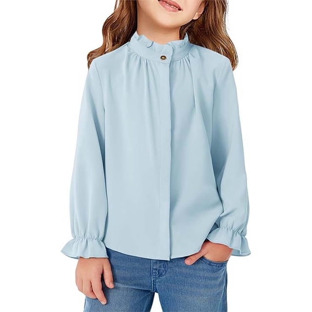 LIJCC Girls' Ruffle Long Sleeve Stand up Collar Solid Color Shirt Girls School Uniform Shirts Kids Button down Uniform Dress Shirts