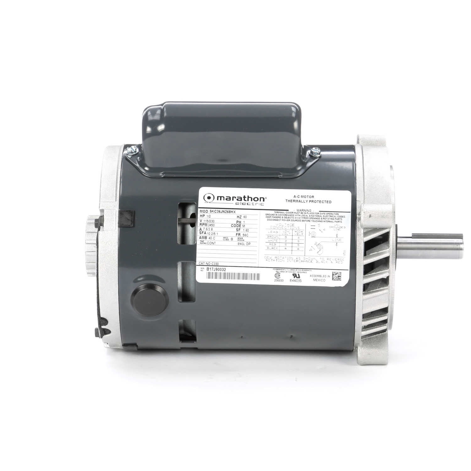Marathon C330 56C Frame Open Drip Proof 5KC36JN268X Oil Burner Motor, 1/2 hp, 3600 rpm, 115/230 VAC, 1 Phase, 1 Speed, Ball Bearing, C-Face Footless Mount, Capacitor Start
