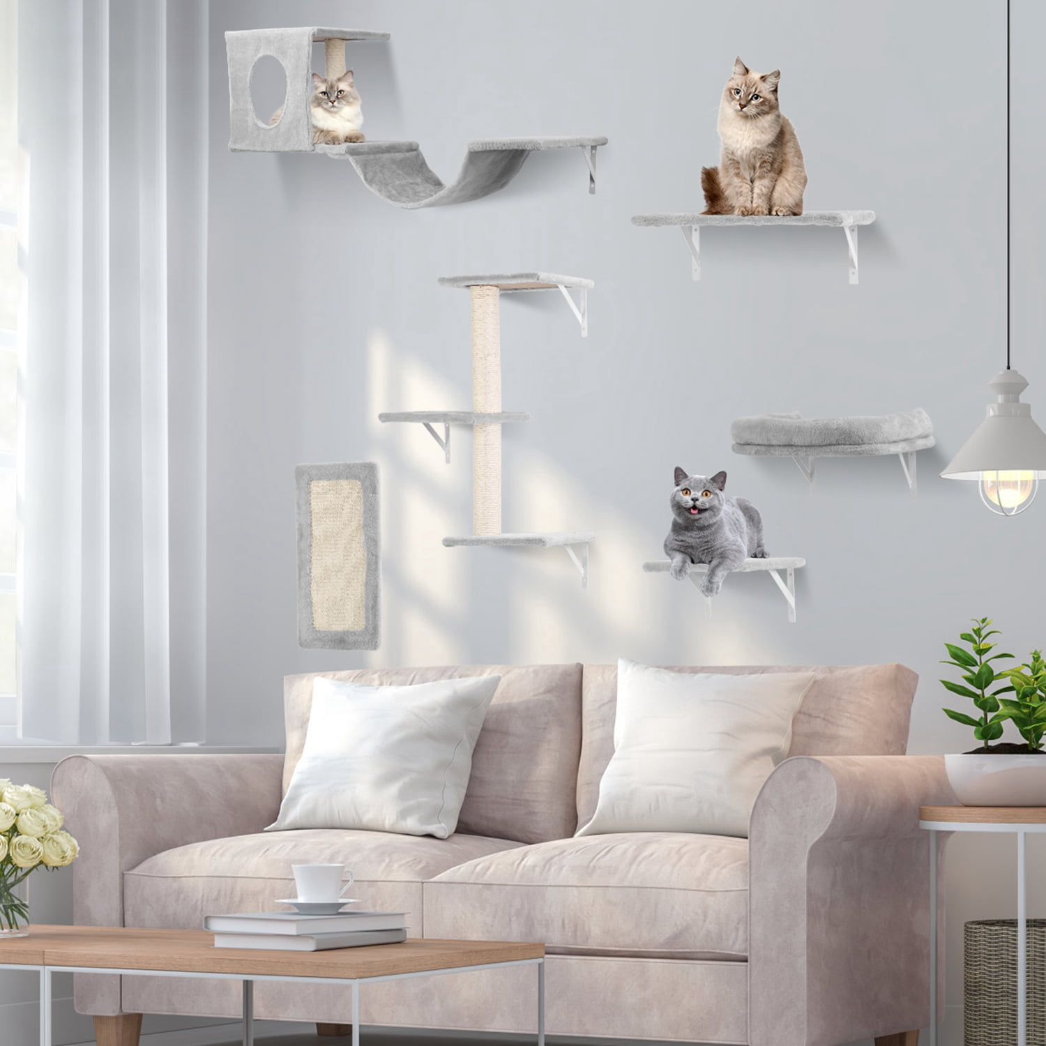 TeqHome Wall Mounted Cat Wall Shelves Set of 6 with Cat Tree Cat Perch Cat Scratching Post Cat Bridge Cat Houses Gray