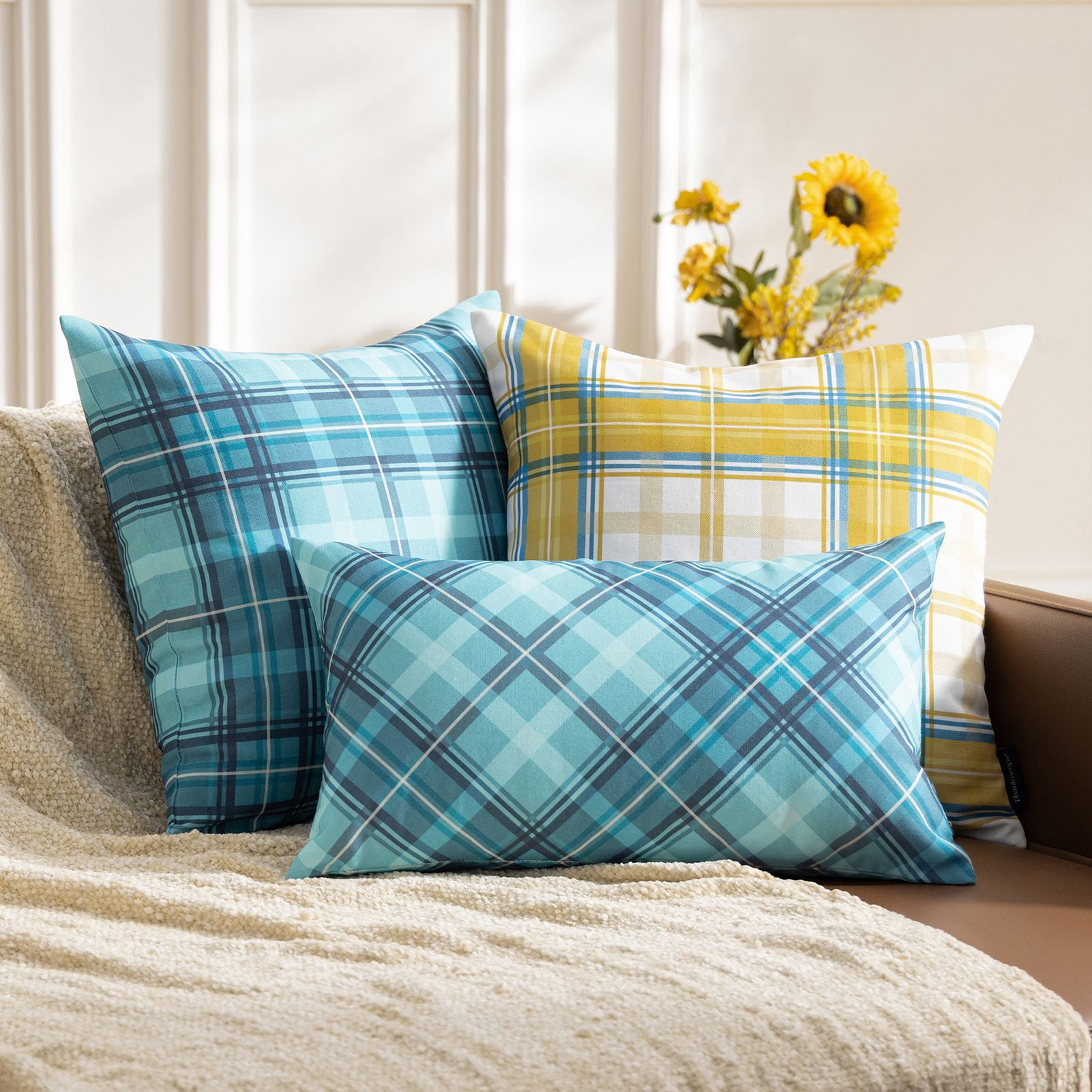 Phantoscope Buffalo Plaid Decorative Throw Pillows with Inserts, Double-Sided Printed Checkered Design, 12 x 20 in, Teal, 2 Pack