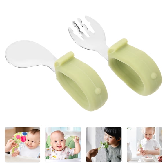 LOLIPPYY Curved Handle Training Spoon Forks Baby Utensils Stainless Steel 1 Set Green