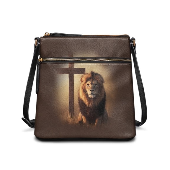 LedBack Lion Cross Print Leather Hobo Bag for Women, Woman Crossbody Satchel Purses Handbags for Christian Portable Shoulder Bags with Adjustable Strap and Zipper Pocket, Brown