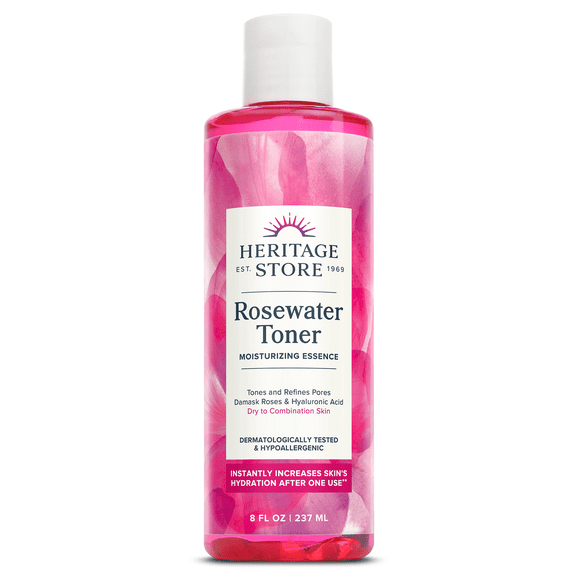 Heritage Store Rosewater Facial Toner w/ Hyaluronic Acid | Hydrates & Refreshes Skin | No Dyes or Alcohol, Vegan | 8oz