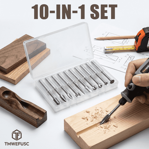 TMWEFUSC 10Pcs Wood Carving Drill Bit Set 1/8" Shank Precision Cutting Grinding Woodworking Rotary Tool for DIY Carving Engraving Drilling Micro Sculpture