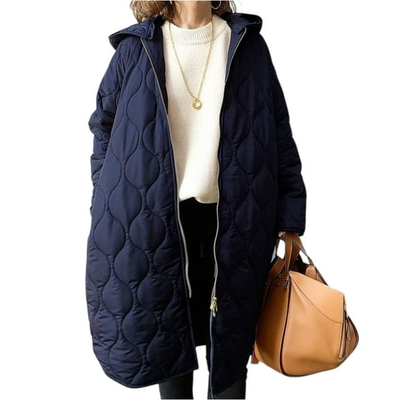 Stichou Women's Diamond Quilted Jacket Zipper Up Hooded Long Lightweight Padding Down Coat with Pockets Navy One Size
