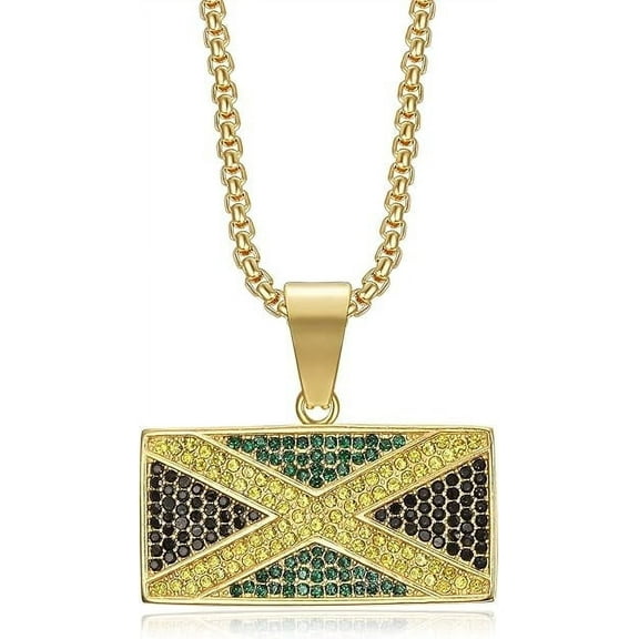 NEGS 18K Gold Plated Jamaica Flag Pendant 24'' Chain Punk Rock Hip Hop Stainless Steel Necklace for Men Women
