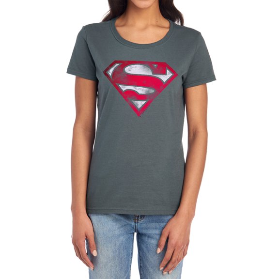 Superman War Torn Shield Women's T Shirt, Charcoal, Large
