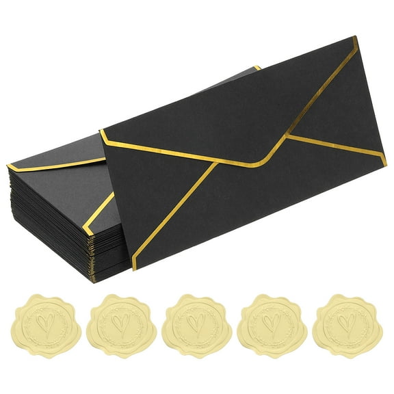 Uxcell 4 1/8 x 9 1/2 Inch Envelopes with Gold Border, 50 Pack V Flap Invitation Business Mailing Envelopes with Gold Stickers for Office Wedding Cards Gift Photos Graduation, Black