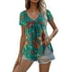 thumbnail image 1 of Mujer Cuello En V Top Estampado Floral Mangas Cortas Busto Plisado Suelto Ajuste Verano Casual Camiseta Verde XL, 1 of 5