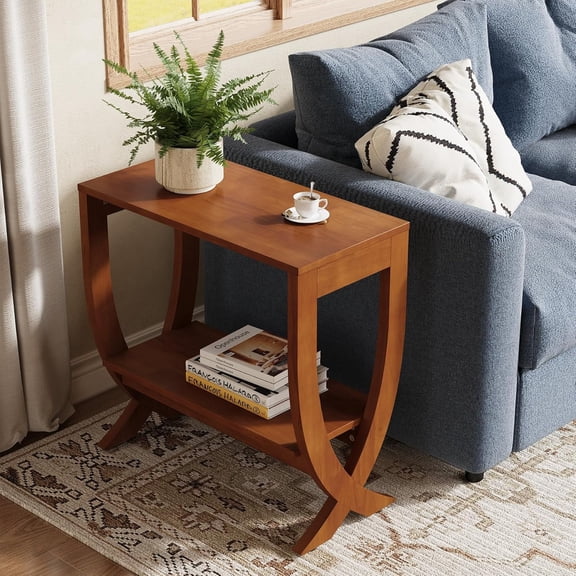 Tribesigns 2-Tier Solid End Table, Farmhouse Wood Couch Side Table with Arched Legs for Small Space