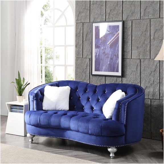 JERFIT Blue Velvet Loveseat Sofa for Living Room, Traditional Tufted Chesterfield Couch with High Back