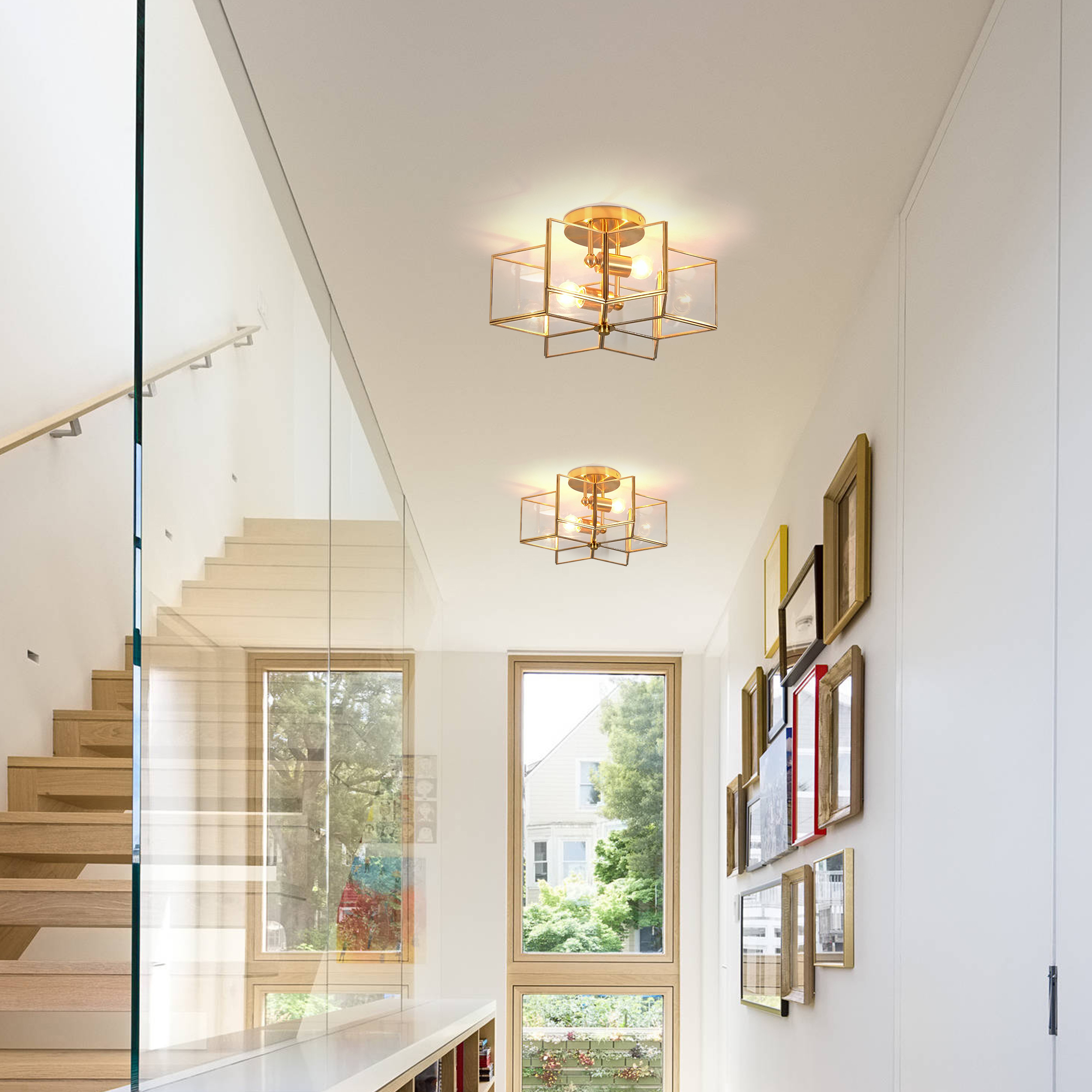 Meluaim Ceiling Light Fixture,  Flush Mount Ceiling Lamp with 2-Lights,Gold Hexagram Stra Shape, Brass Trim Craft