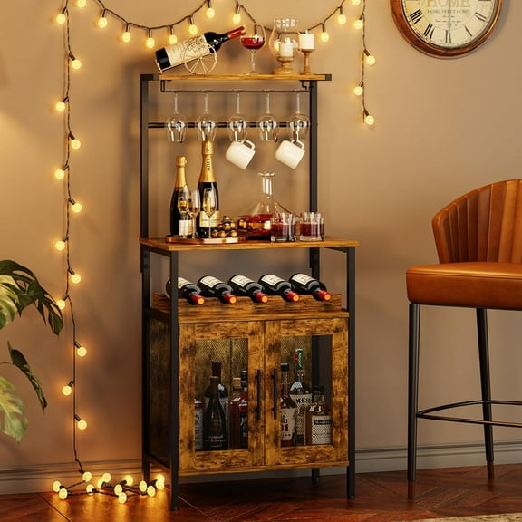 Bar Cabinet for Liquor and Glasses, Wine Rack Freestanding Floor for Small Space, 3-Tiers Storage Shelves, Industrial Coffee Bar with S Hooks, Small Buffet Sideboard Cabinet for Home