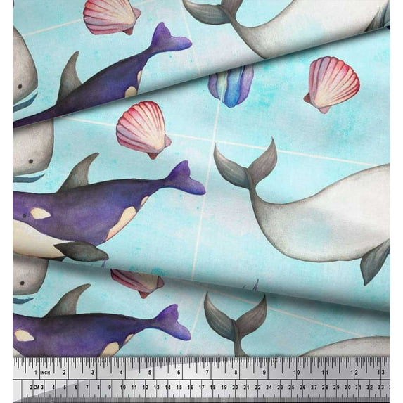 Soimoi Rayon Fabric Shell & Whale Fish Ocean Decor Fabric Printed Yard 42 Inch Wide