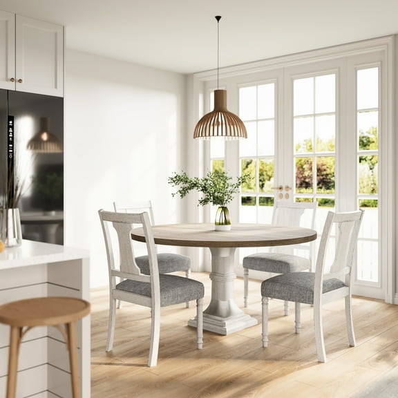 59"w Round Dining Table And Chair - White & Gray 59" In 4 Elegant Seats