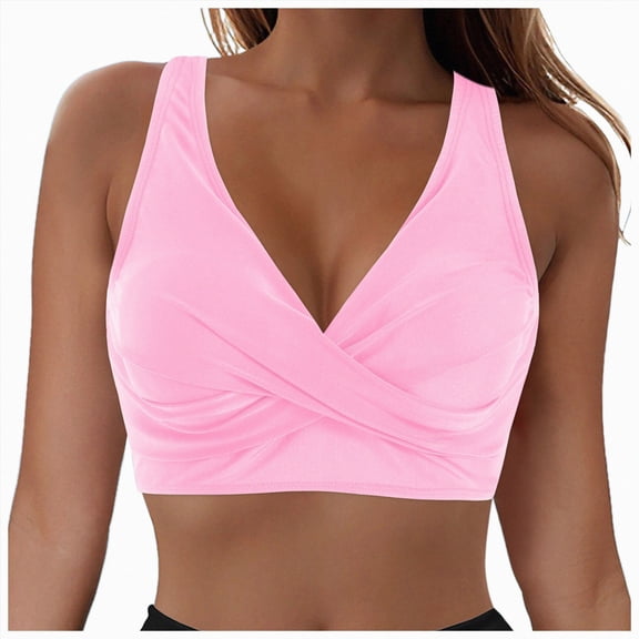Gubotare Twist Knot Bikini Top for Women V Neck Push Up Padded Swimsuit Adjustable Straps Bathing Suit Swim Tops Only (Pink,XXL)