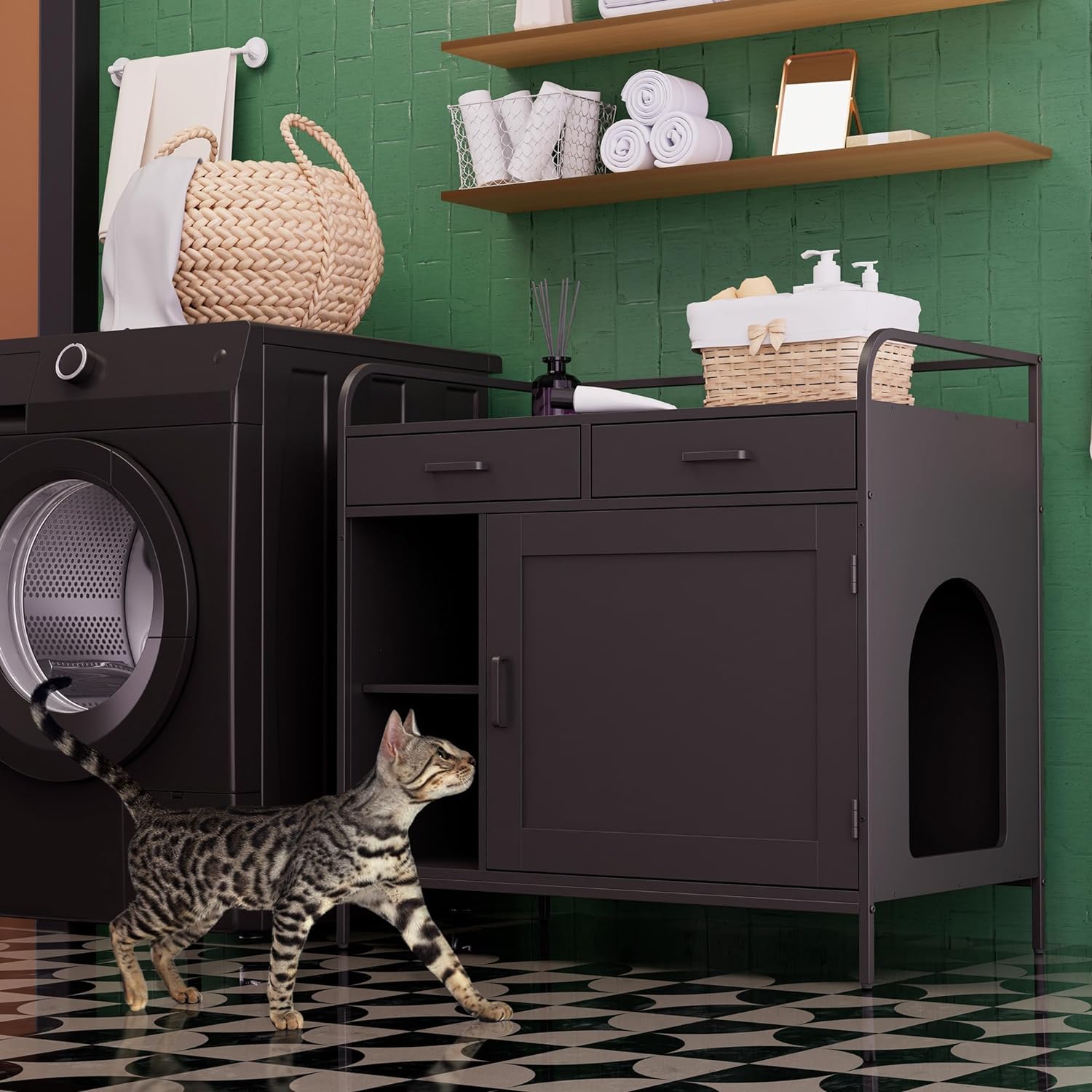 WISHIVE Litter Box Enclosure with Drawers, Hidden Cat Litter Box Enclosure, Cat Litter Box