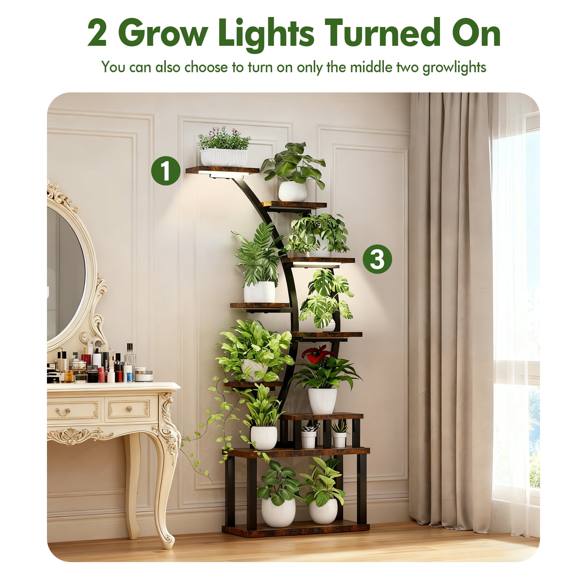 Aukfa 9-Tier Metal Plant Stand with Grow Lights,63" Tall Heavy Duty Indoor Plant Shelf for Multiple Plants, Full Spectrum LED& Time,Rustic Brown