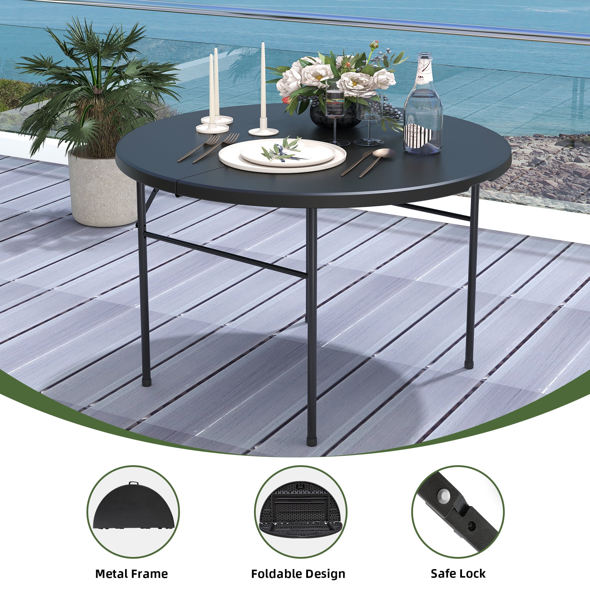 Uforic 48 Inch Round Folding Table Black Plastic with Metal Frame Indoor Outdoor Portable Table for Party Camping BBQ Garden