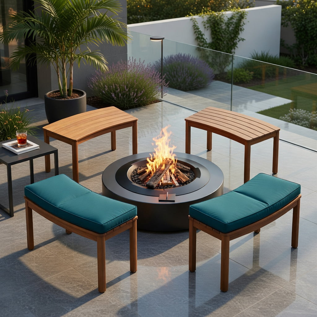 Hommoo Outdoor Acacia Wood Curved Bench Set of 4, Wooden Stools for Porch, Patio, Deck & Fire Pit Seating, Weather-Resistant Backless Garden Benches, Natural