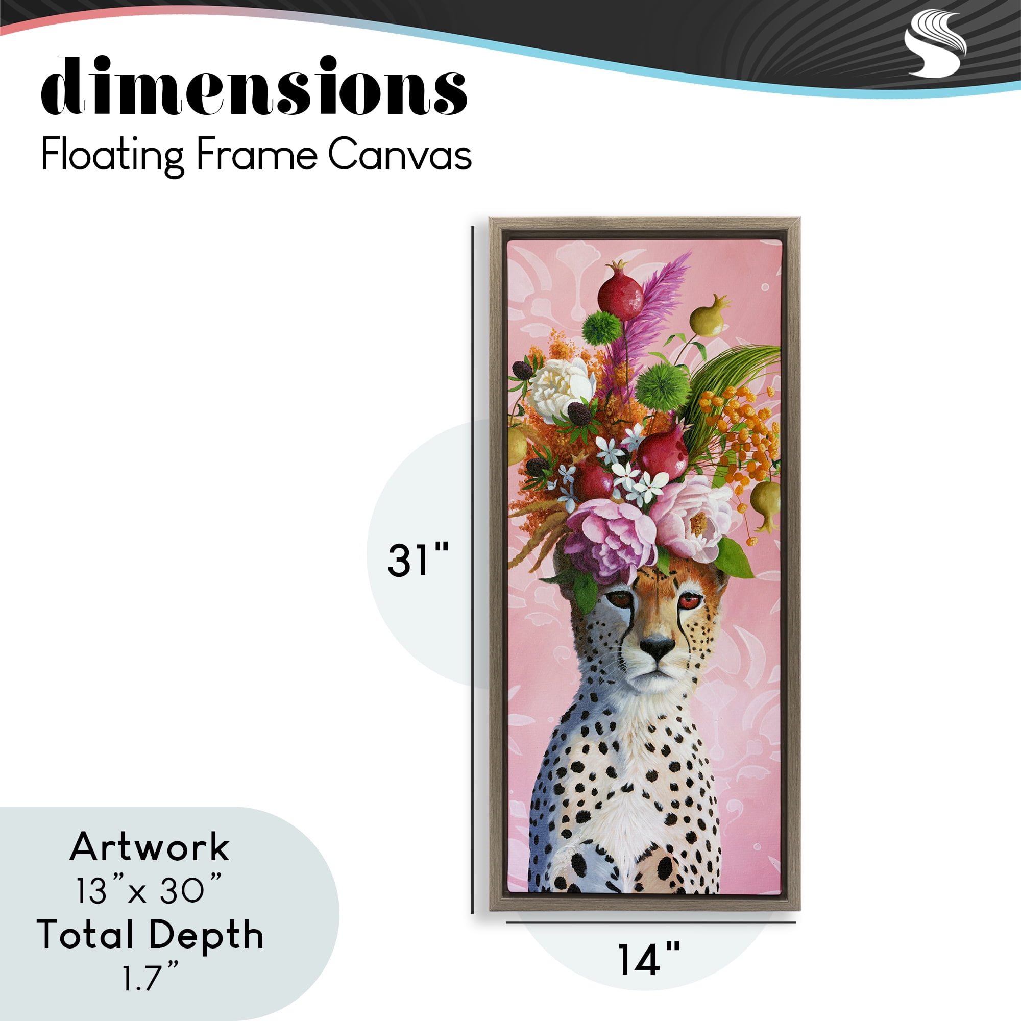 Serious Cheetah & Florals Brown Framed Floater Canvas Wall Art, design by Heather Gauthier